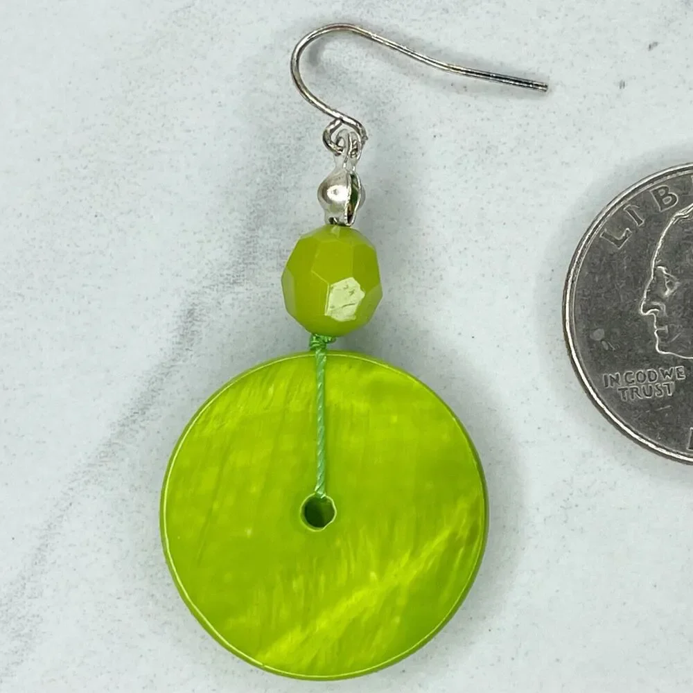Silver Tone Green Shell Seashell Beaded Dangle Earrings Pierced Pair